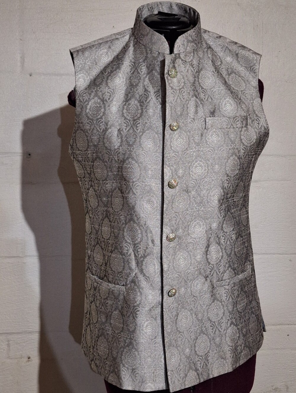 Silver Brocade Mandarin Collar Vest